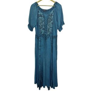 Pyramid Collection Embroidered Renaissance Maxi Dress Size L Blue Bust Tie Goth